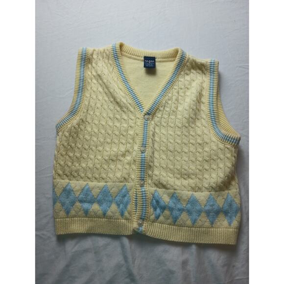 Kids Size 5 Butter yellow Blue Argyle Sweater Vest Class Club Button Front - Picture 1 of 3